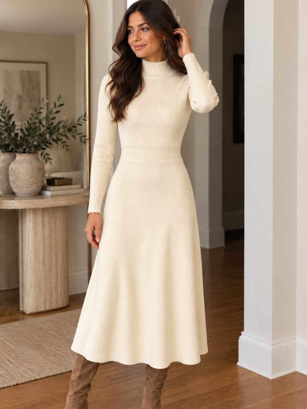 Mica Cream Ribbed Knit Mock Neck Midi Sweater Dress S